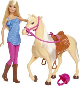 Barbie Playet with Blonde Fashion Doll in Riding Outfit & Light Brown Horse with Saddle