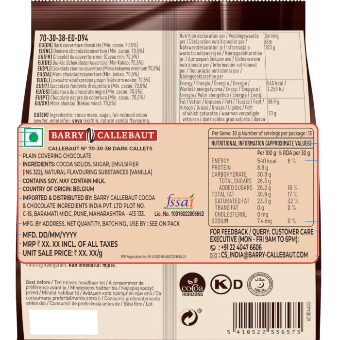 Callebaut Dark Chocolate Drops 70% 400g Bag