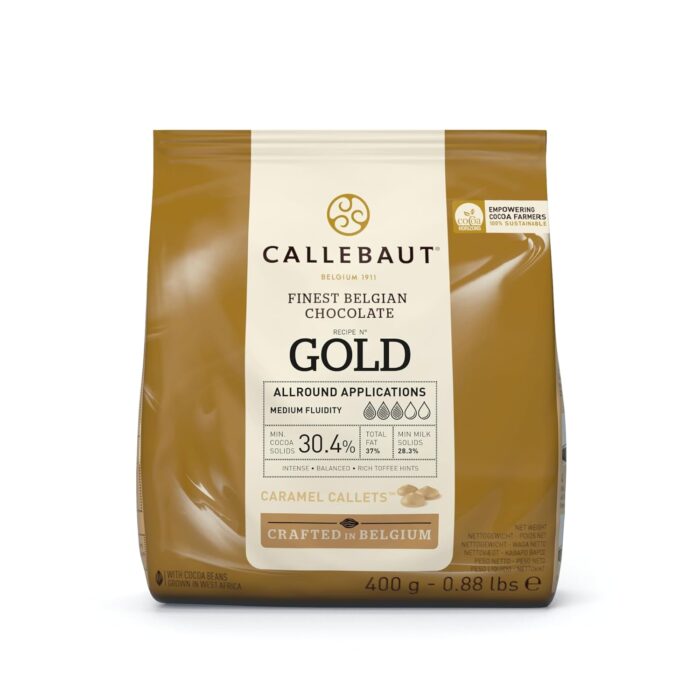 Callebaut Finest Belgian Gold Chocolate with Caramel Couverture Callets 400g Callebaut Finest Belgian Gold Chocolate with Caramel Couverture Callets 400g