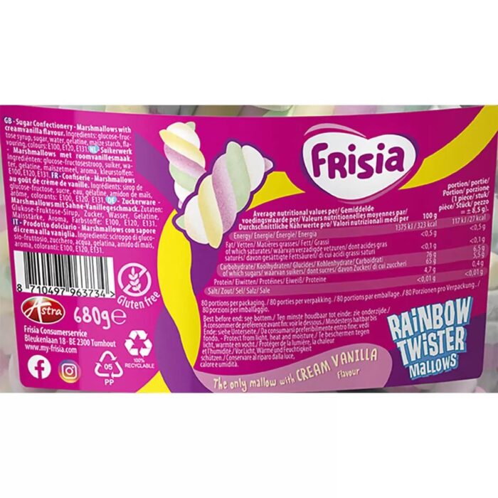 Frisia Marshmallow Rainbow Twister 680g Creamy Vanilla Flavour Tub Full Frisia Marshmallow Rainbow Twister 680g Creamy Vanilla Flavour Tub Full