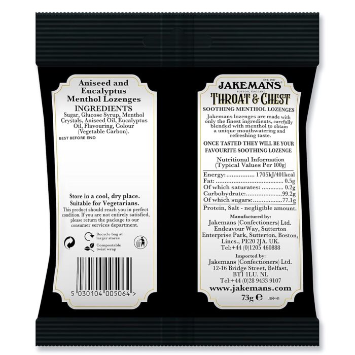 Jakemans Throat & Chest 73g - Pack of 12 - Soothing Menthol Lozenges - Suitable for Vegetarians