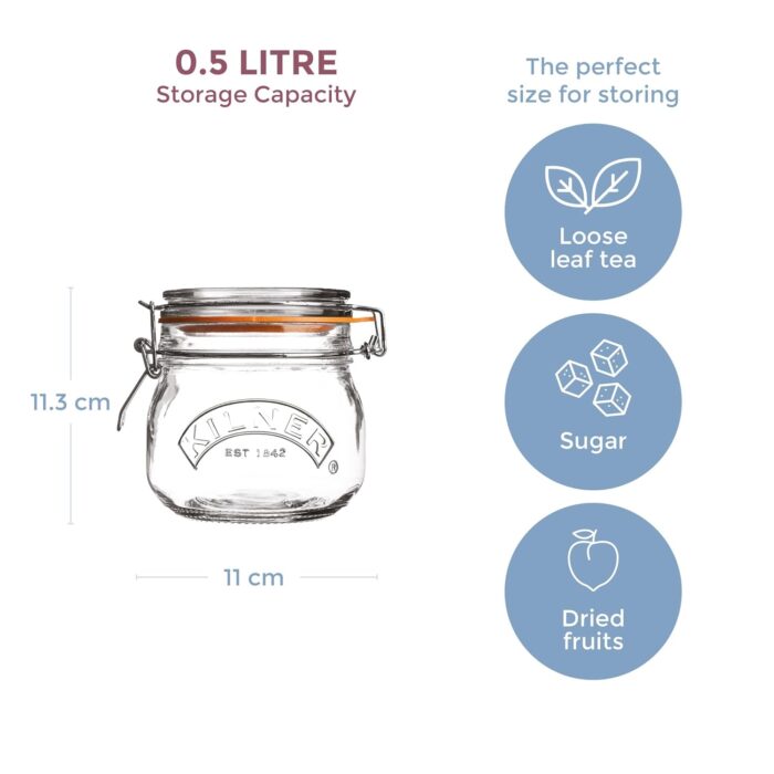 Kilner Set of 3 Round Clip Top Jars 0.5 Litre (3 x 500ml) Airtight Glass Storage Jars for Preserving Jams Dry Foods Reusable Kilner Set of 3 Round Clip Top Jars 0.5 Litre (3 x 500ml) Airtight Glass Storage Jars for Preserving Jams Dry Foods Reusable