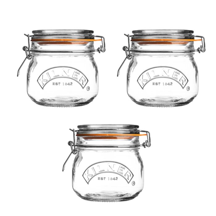 Kilner Set of 3 Round Clip Top Jars 0.5 Litre (3 x 500ml) Airtight Glass Storage Jars for Preserving Jams Dry Foods Reusable Kilner Set of 3 Round Clip Top Jars 0.5 Litre (3 x 500ml) Airtight Glass Storage Jars for Preserving Jams Dry Foods Reusable