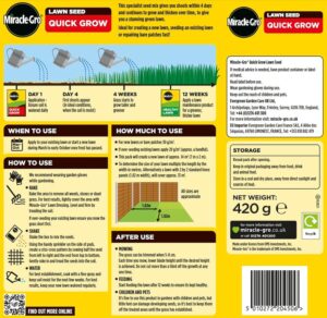 Miracle-Gro Quick Grow Lawn Seed 16m2 ryegrass fescues Fast Grass Seed 480g - Super Fast Germinating Lawn Seed - Rich Green Lawn - for existing and New lawns.