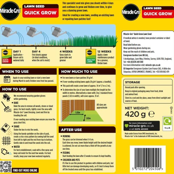 Miracle-Gro Quick Grow Lawn Seed 16m2 ryegrass fescues Fast Grass Seed 480g - Super Fast Germinating Lawn Seed - Rich Green Lawn - for existing and New lawns. Miracle-Gro Quick Grow Lawn Seed 16m2 ryegrass fescues Fast Grass Seed 480g - Super Fast Germinating Lawn Seed - Rich Green Lawn - for existing and New lawns.