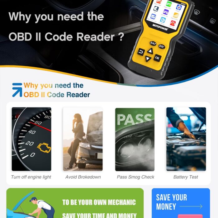 MOTOPOWER MP69033 Pro OBD2 Scanner Code Reader Check Engine Fault Light Diagnostic Scan Tool with Battery Tester