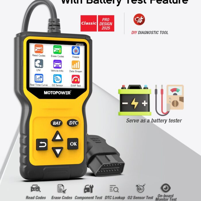 MOTOPOWER MP69033 Pro OBD2 Scanner Code Reader Check Engine Fault Light Diagnostic Scan Tool with Battery Tester