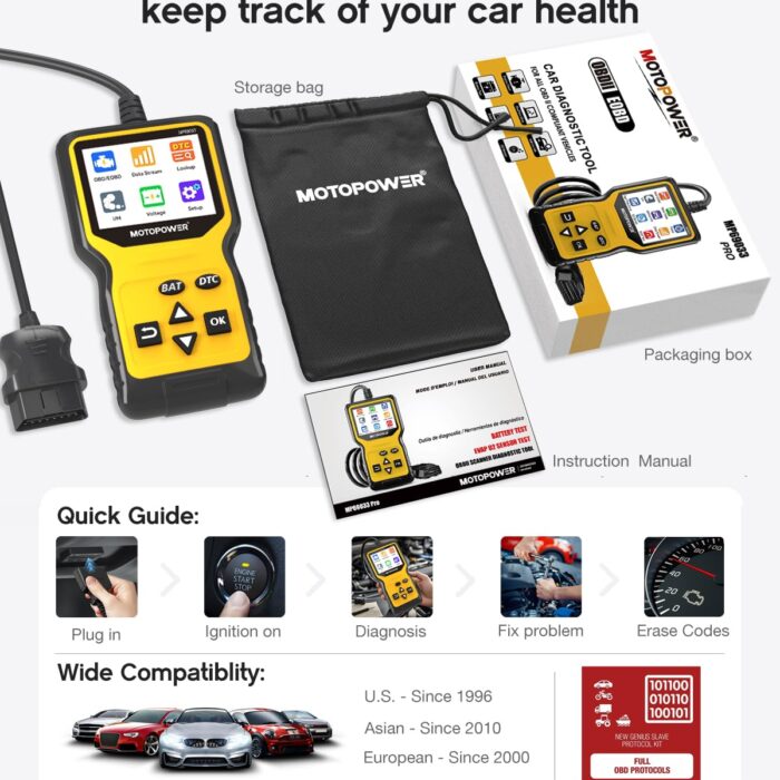 MOTOPOWER MP69033 Pro OBD2 Scanner Code Reader Check Engine Fault Light Diagnostic Scan Tool with Battery Tester