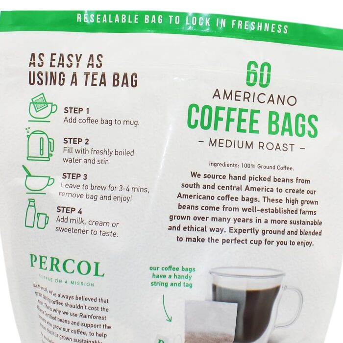 Percol Americano Medium Roast Coffee 100% Arabica Ready To Drink Bags - 60 x 8g Percol Americano Medium Roast Coffee 100% Arabica Ready To Drink Bags - 60 x 8g