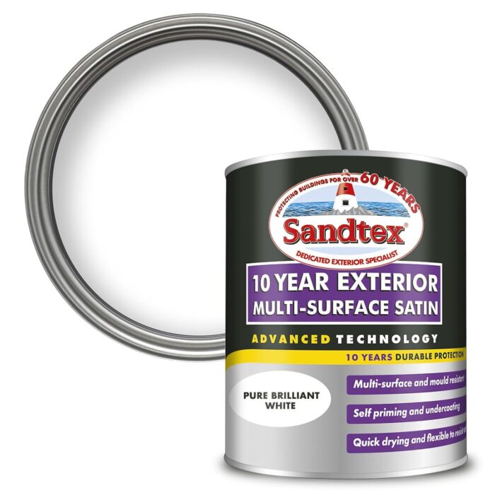 Sandtex 10 Year Multi Surface Satin Paint Brilliant White 750ml Sandtex 10 Year Multi Surface Satin Paint Brilliant White 750ml