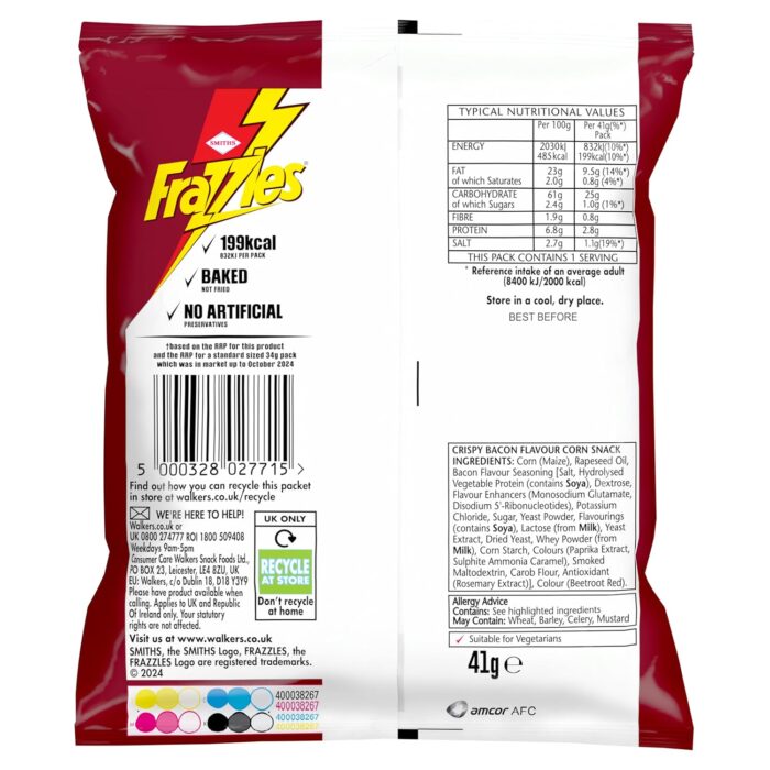 Smiths Frazzles Bacon Crisps PMP 41g RRP 49p (Case of 30) Smiths Frazzles Bacon Crisps PMP 41g RRP 49p (Case of 30)