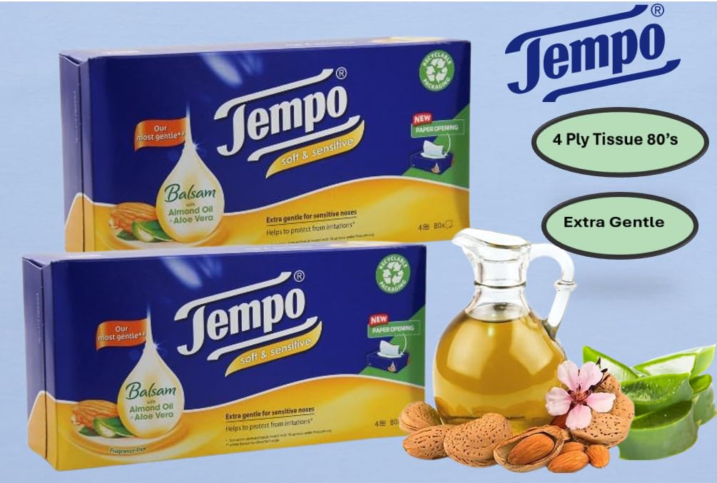 Tempo Balsam Soft & Sensitive Tissues Almond Oil 80's 4ply (12 Pack) Tempo Balsam Soft & Sensitive Tissues Almond Oil 80's 4ply (12 Pack)