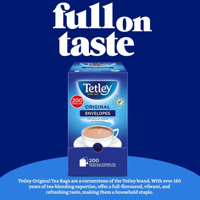 Tetley Original Black Tea Bags in Envelopes - Full Flavoured British Brew - Perfect for Breakfast or Anytime - Rainforest Alliance Certified - 200 Enveloped Teabags (1 Pack) Tetley Original Black Tea Bags in Envelopes - Full Flavoured British Brew - Perfect for Breakfast or Anytime - Rainforest Alliance Certified - 200 Enveloped Teabags (1 Pack)