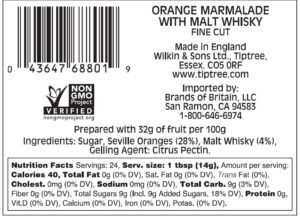Tiptree Orange Marmalade with Malt Whisky Fine Cut (340g) - Pack of 2