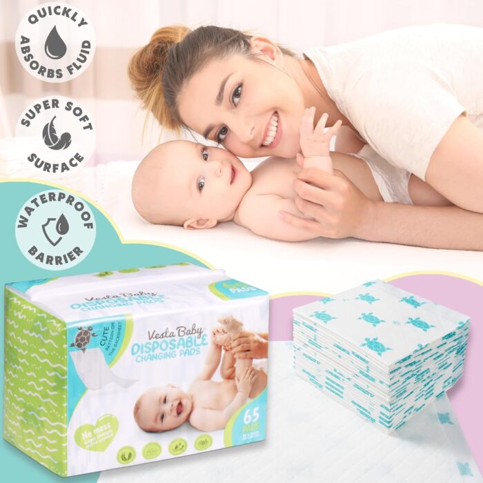 Vesta Baby Disposable Changing Pads - 65 Soft Absorbent Leak Proof Incontinence Mats - Newborn Portable Nappy Change Underpads - Protection Waterproof Liners