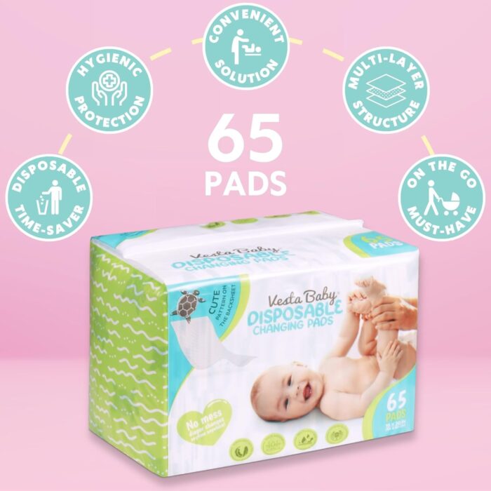 Vesta Baby Disposable Changing Pads - 65 Soft Absorbent Leak Proof Incontinence Mats - Newborn Portable Nappy Change Underpads - Protection Waterproof Liners